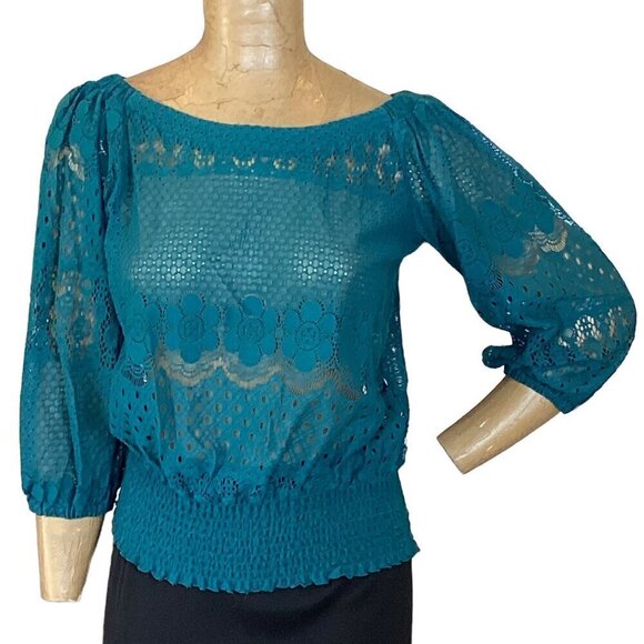 Analee + Hope Teal Mixed Pattern Lace Smocked Waist Boatneck Top Sz M #288F - Picture 1 of 6